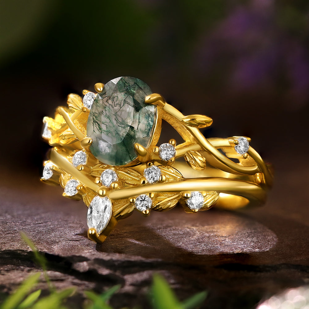 Nature inspired 6*8mm Oval Cut Moss Agate Twisted Ring Five Stone Anniversary Wedding Ring Bridal Set