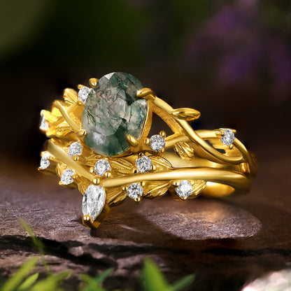 Nature inspired 6*8mm Oval Cut Moss Agate Twisted Ring Five Stone Anniversary Wedding Ring Bridal Set