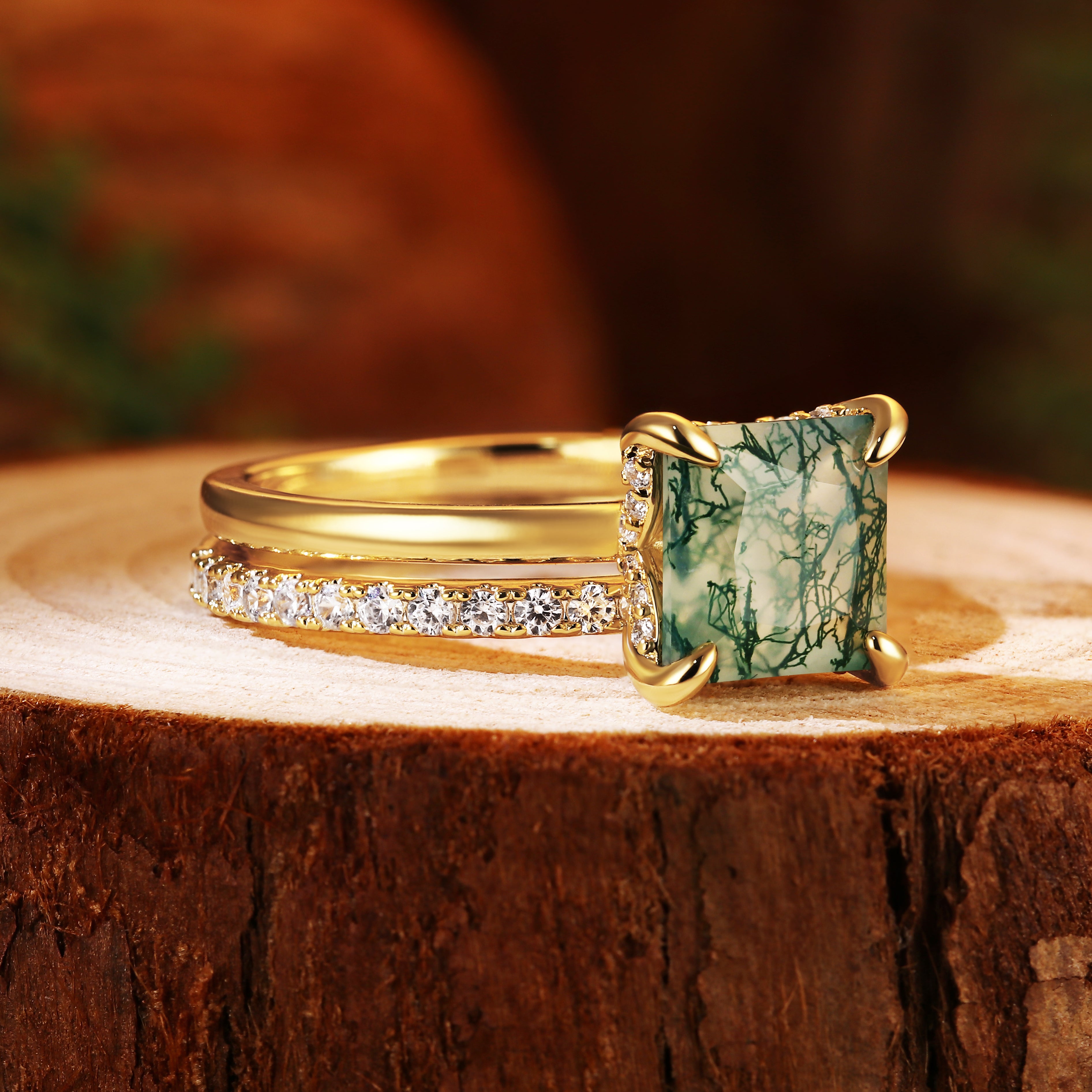 8X8mm Princess Cut Moss Agate Bridal Ring Set for Women, 2PCS Square Green Agate Hidden Halo Engagement Ring with Moissanite Band