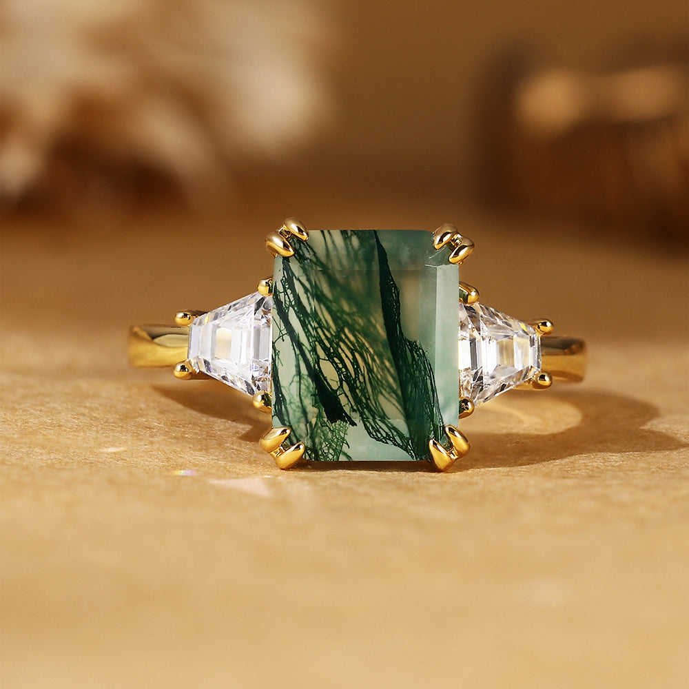 Vintage Emerald Cut Moss Agate Three-Stone Engagement Ring
