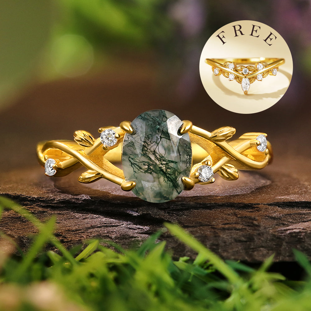 [Buy 1 Get 1 Free] Nature inspired 6*8mm Oval Cut Moss Agate Twisted Ring Five Stone Anniversary Wedding Ring Bridal Set