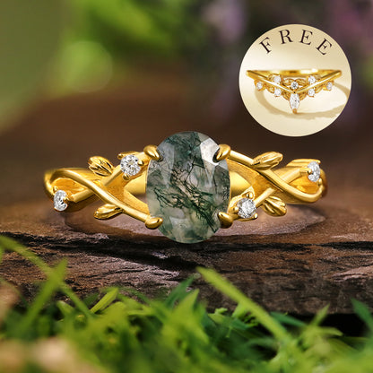 [Buy 1 Get 1 Free] Nature inspired 6*8mm Oval Cut Moss Agate Twisted Ring Five Stone Anniversary Wedding Ring Bridal Set