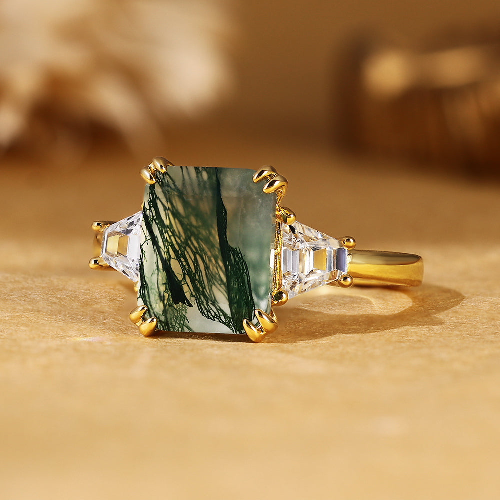 Vintage Emerald Cut Moss Agate Three-Stone Engagement Ring