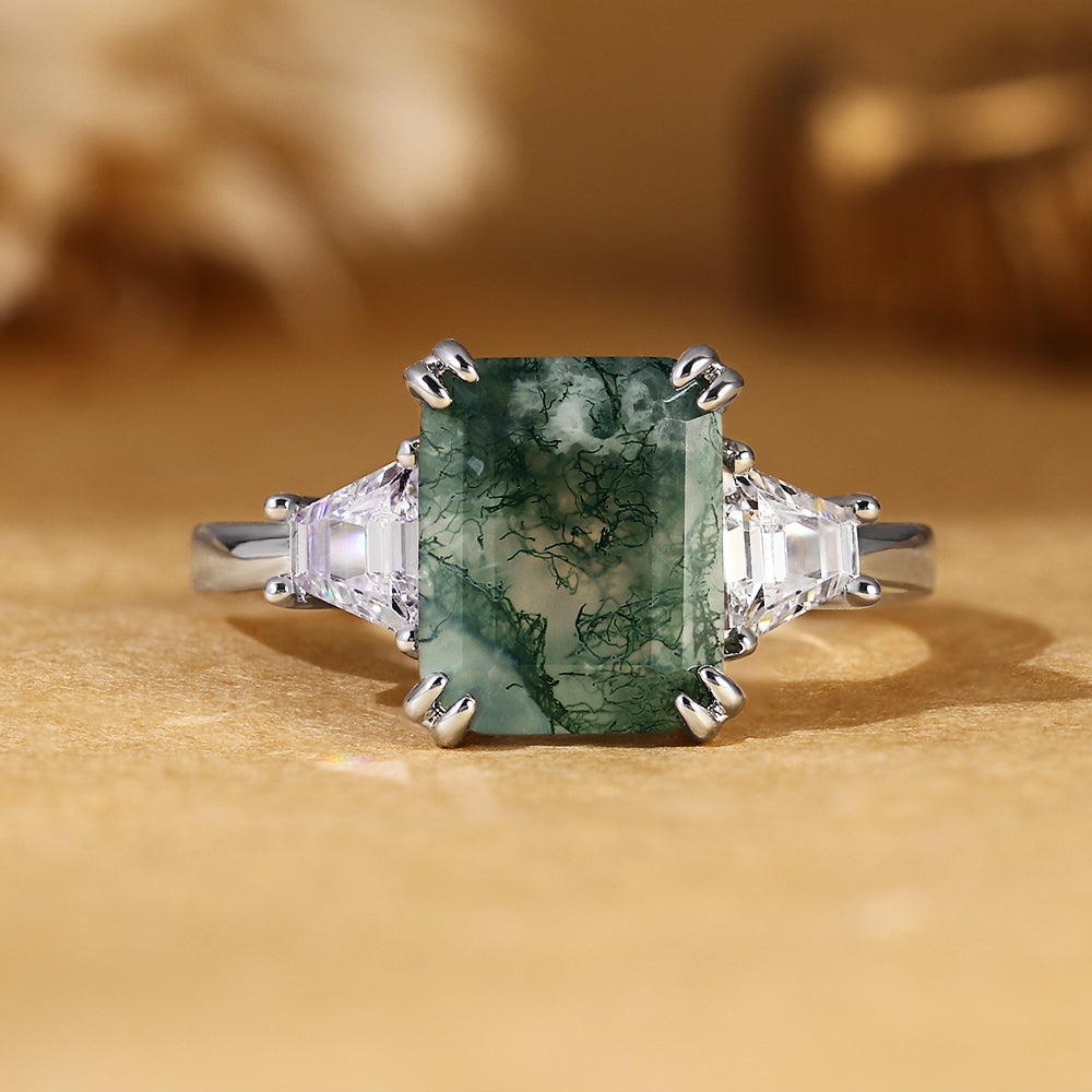Vintage Emerald Cut Moss Agate Three-Stone Engagement Ring
