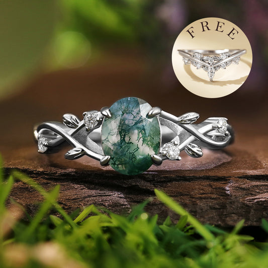 [Buy 1 Get 1 Free] Nature inspired 6*8mm Oval Cut Moss Agate Twisted Ring Five Stone Anniversary Wedding Ring Bridal Set