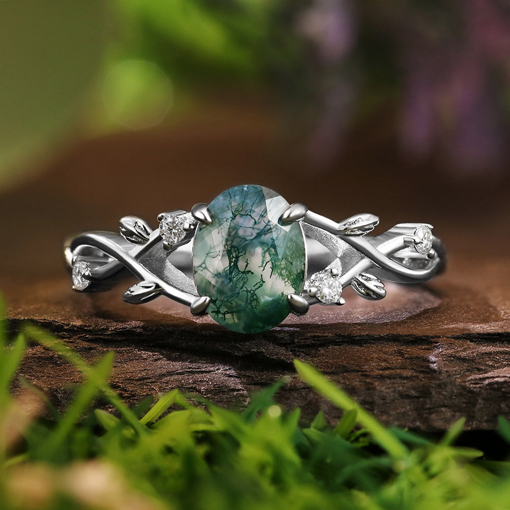 Nature inspired 6*8mm Oval Cut Moss Agate Twisted Ring Five Stone Anniversary Wedding Ring Bridal Set