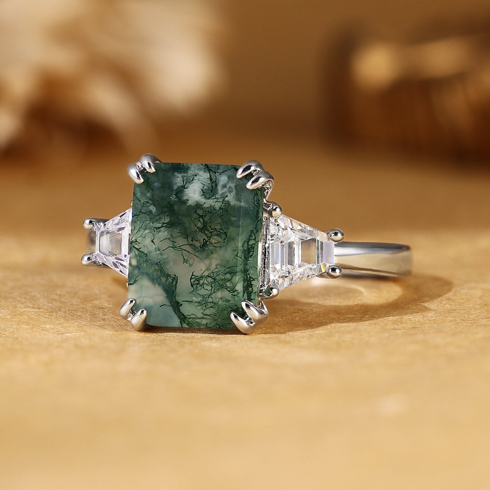 Vintage Emerald Cut Moss Agate Three-Stone Engagement Ring