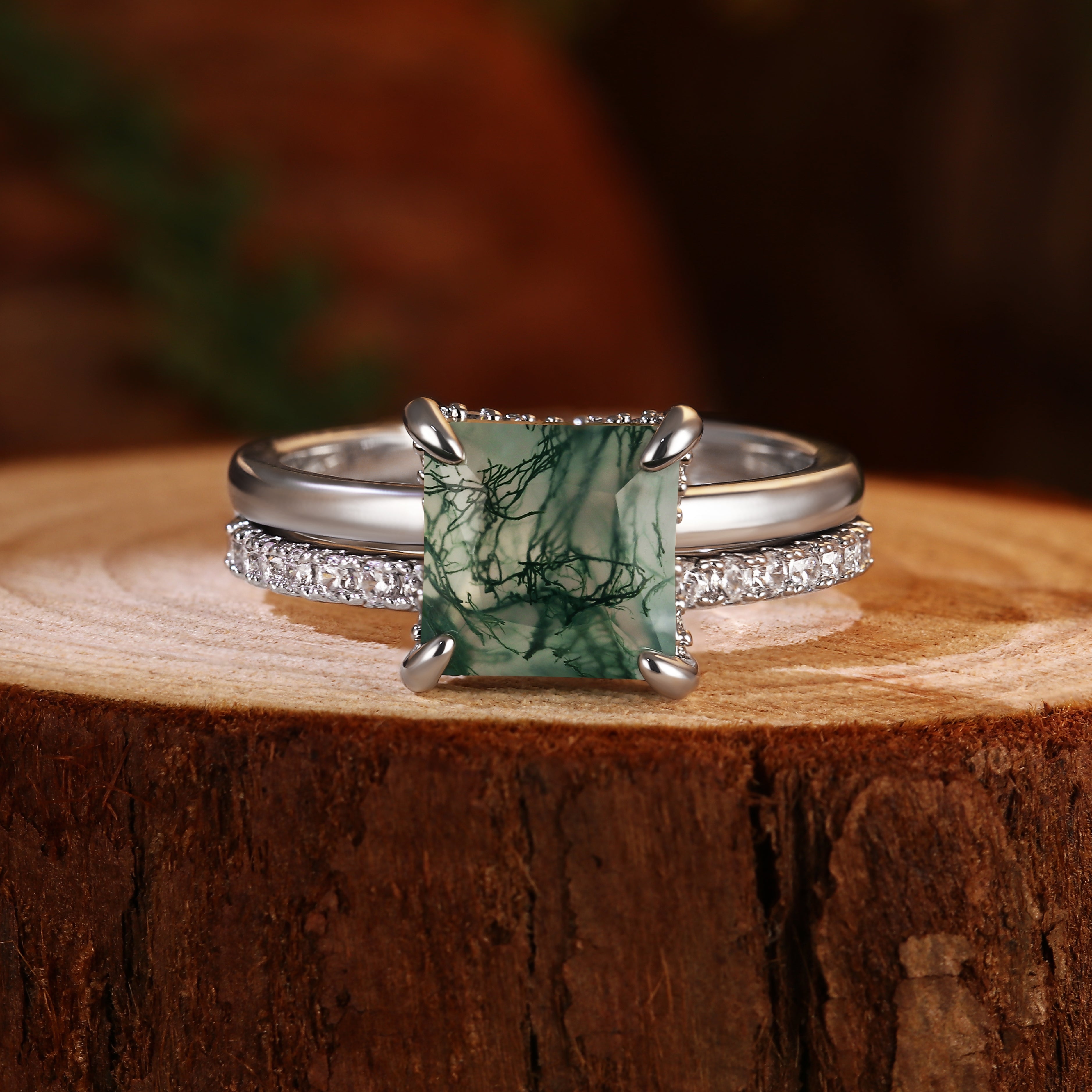 8X8mm Princess Cut Moss Agate Bridal Ring Set for Women, 2PCS Square Green Agate Hidden Halo Engagement Ring with Moissanite Band