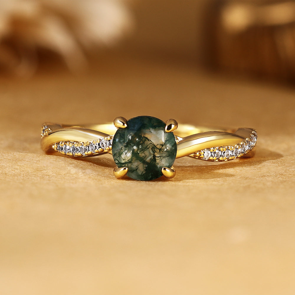 Round Cut Moss Agate 2PC Bridal Ring Set with Twisted Pave Band