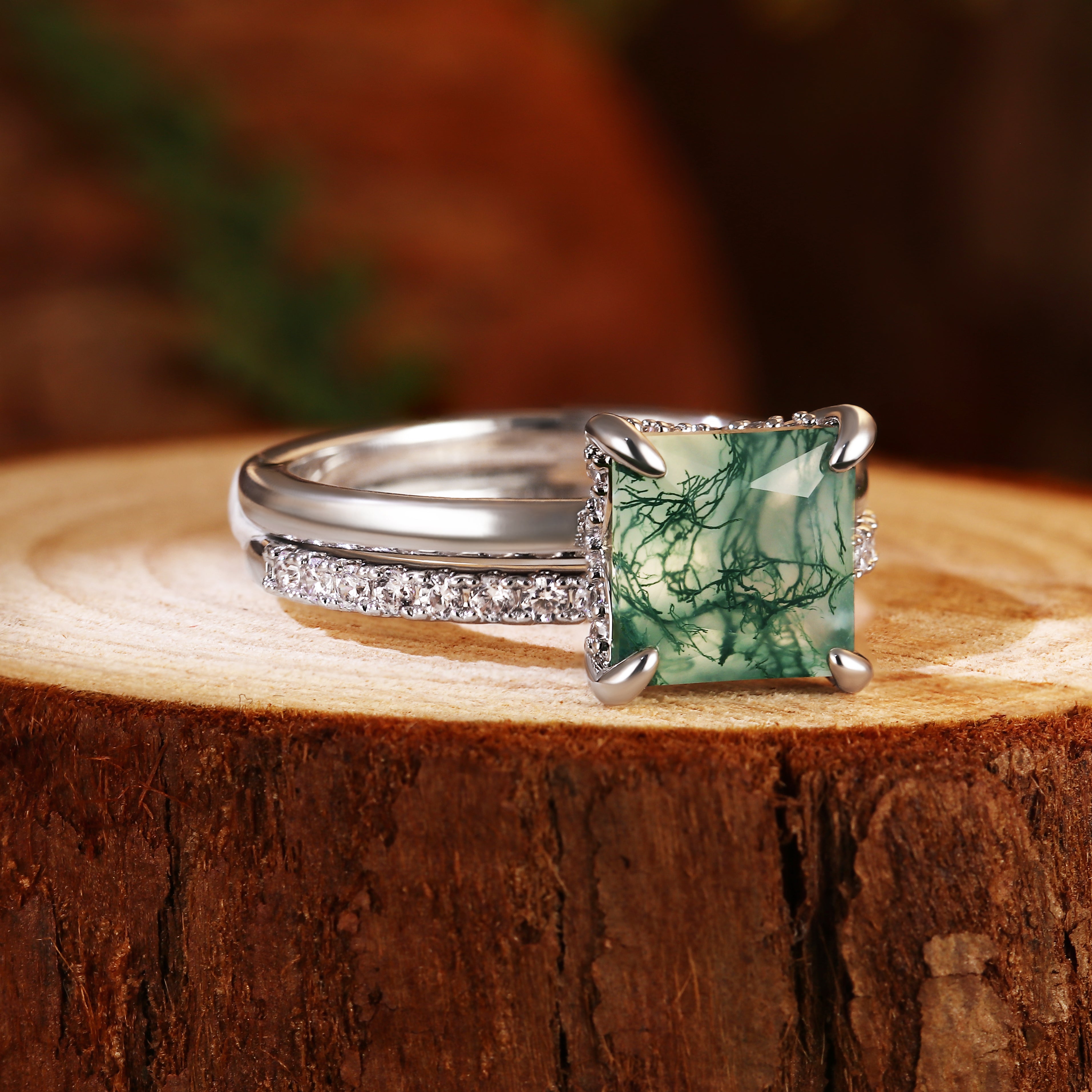 8X8mm Princess Cut Moss Agate Bridal Ring Set for Women, 2PCS Square Green Agate Hidden Halo Engagement Ring with Moissanite Band