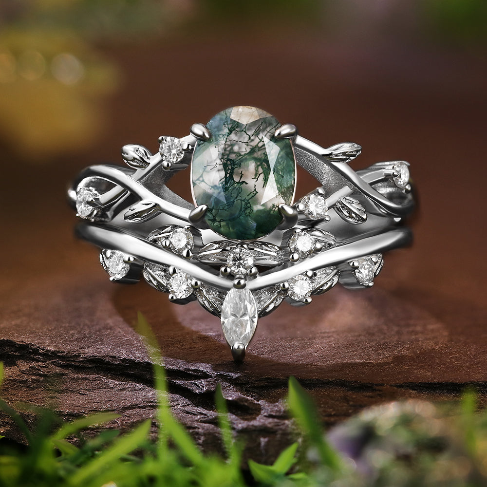 Nature inspired 6*8mm Oval Cut Moss Agate Twisted Ring Five Stone Anniversary Wedding Ring Bridal Set