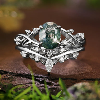 Nature inspired 6*8mm Oval Cut Moss Agate Twisted Ring Five Stone Anniversary Wedding Ring Bridal Set