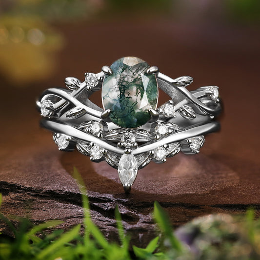Nature inspired 6*8mm Oval Cut Moss Agate Twisted Ring Five Stone Anniversary Wedding Ring Bridal Set
