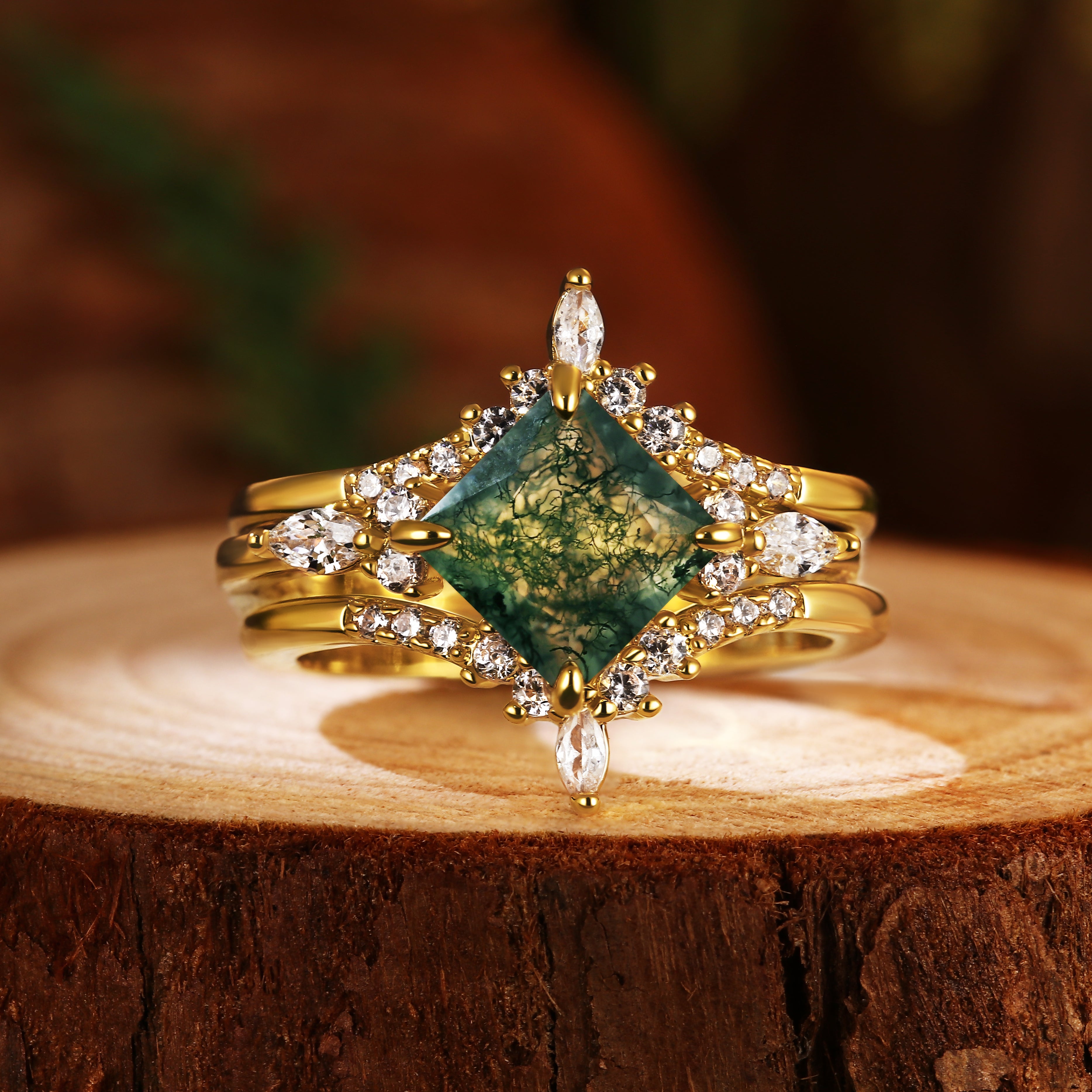 Nature Inspired 7x7mm Princess Cut Agate Engagement Ring with Art Deco Curved Moissanite Band