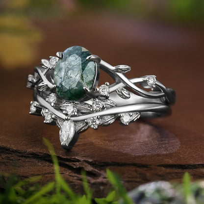 Nature inspired 6*8mm Oval Cut Moss Agate Twisted Ring Five Stone Anniversary Wedding Ring Bridal Set