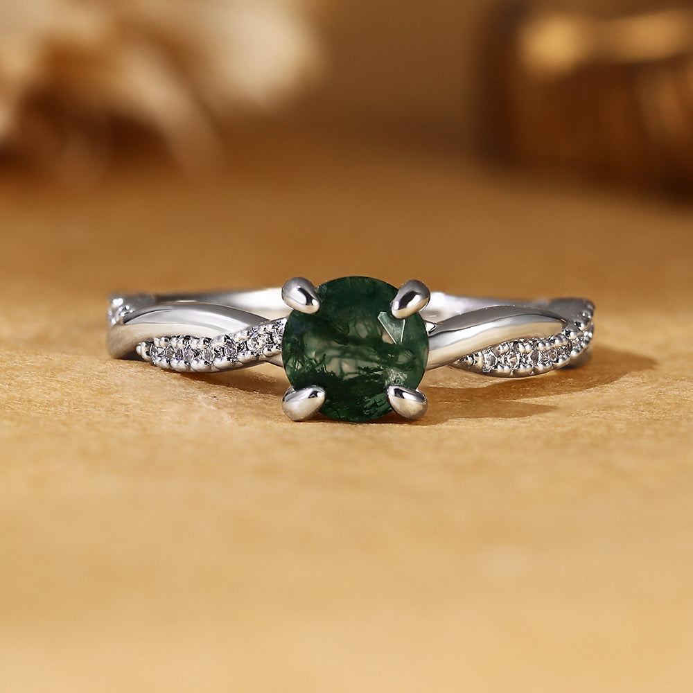 Round Cut Moss Agate 2PC Bridal Ring Set with Twisted Pave Band