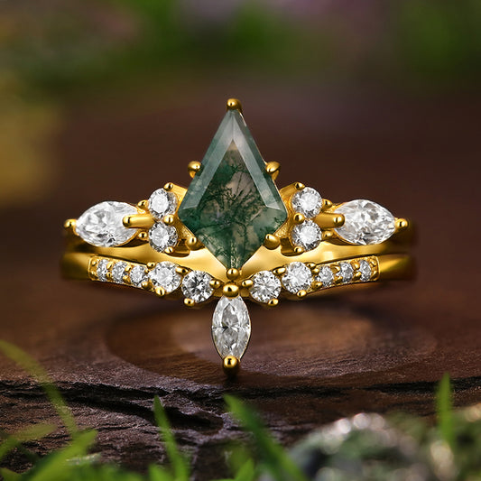 6*9mm Unique Kite Cut Moss Agate Flower Engagement Ring  Marquise Cut  Vintage Wedding Ring Bridal Set