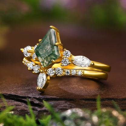 6*9mm Unique Kite Cut Moss Agate Flower Engagement Ring  Marquise Cut  Vintage Wedding Ring Bridal Set