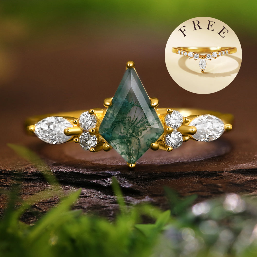 [Buy 1 Get 1 Free]6*9mm Unique Kite Cut Moss Agate Flower Engagement Ring  Marquise Cut  Vintage Wedding Ring Bridal Set