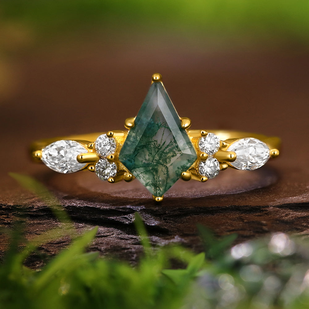 6*9mm Kite Cut Moss Agate with Marquise & Round Accent Stones Nature-Inspired Engagement Ring