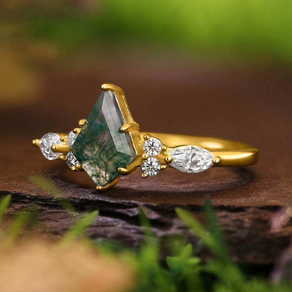 6*9mm Kite Cut Moss Agate with Marquise & Round Accent Stones Nature-Inspired Engagement Ring