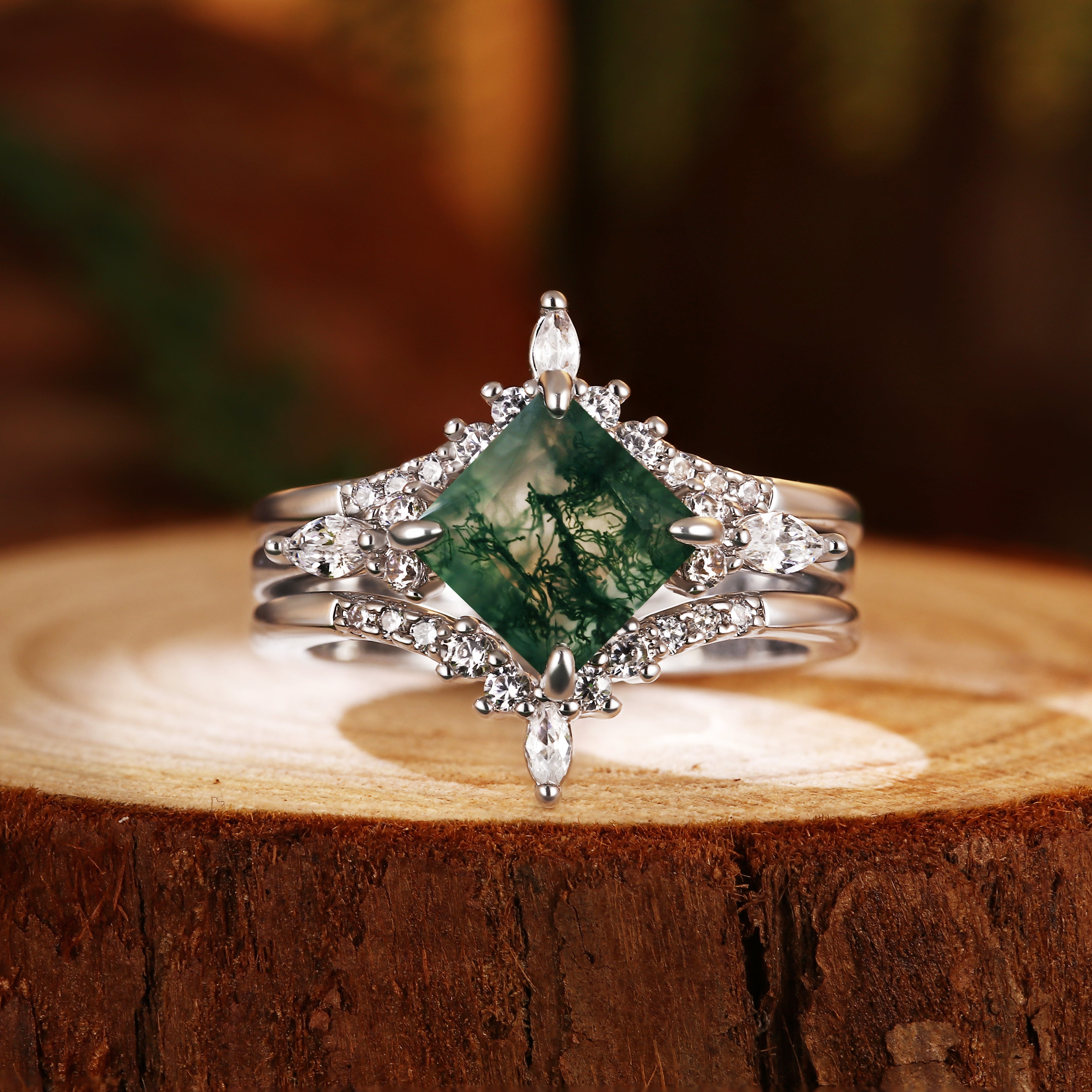 Nature Inspired 7x7mm Princess Cut Agate Engagement Ring with Art Deco Curved Moissanite Band