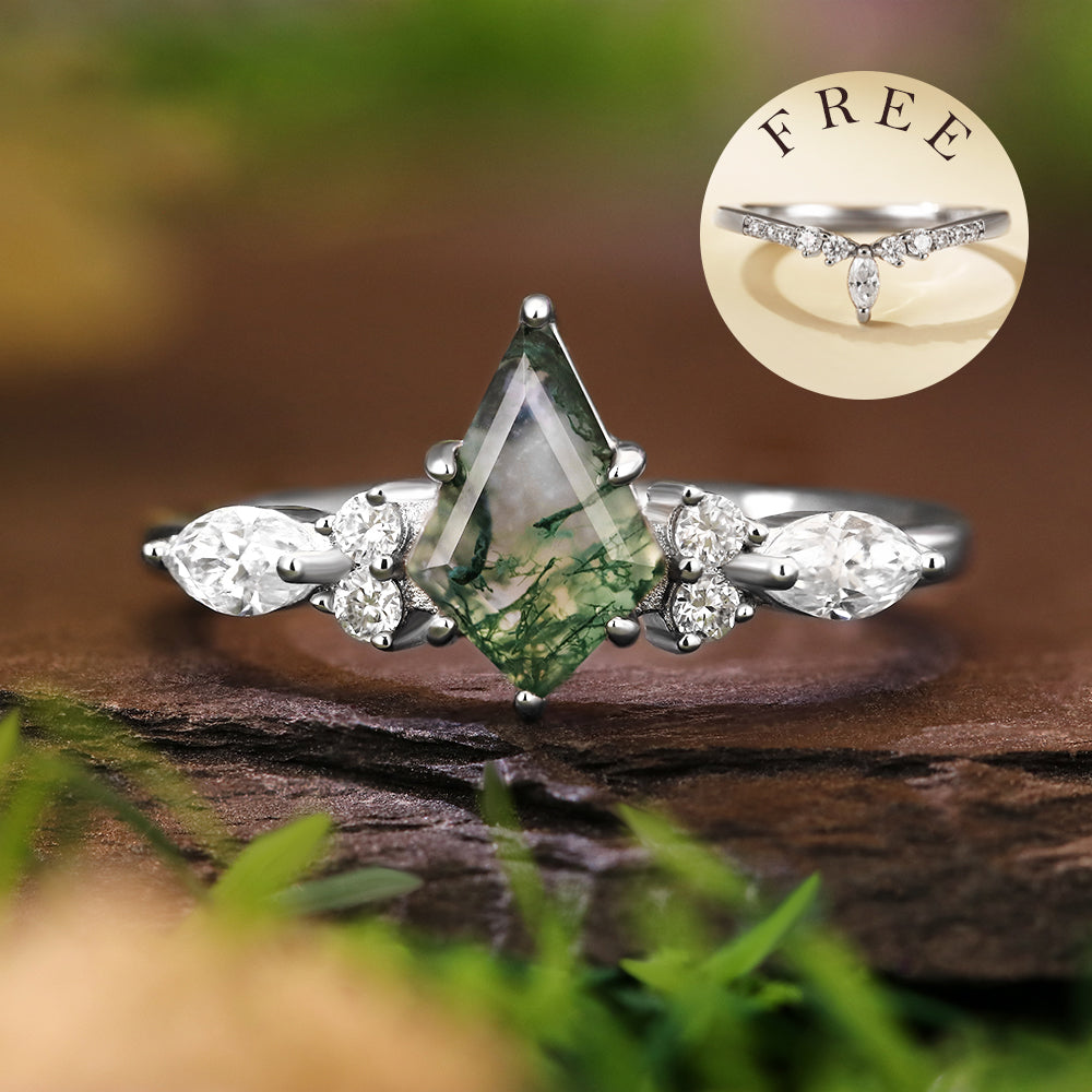 [Buy 1 Get 1 Free]6*9mm Unique Kite Cut Moss Agate Flower Engagement Ring  Marquise Cut  Vintage Wedding Ring Bridal Set