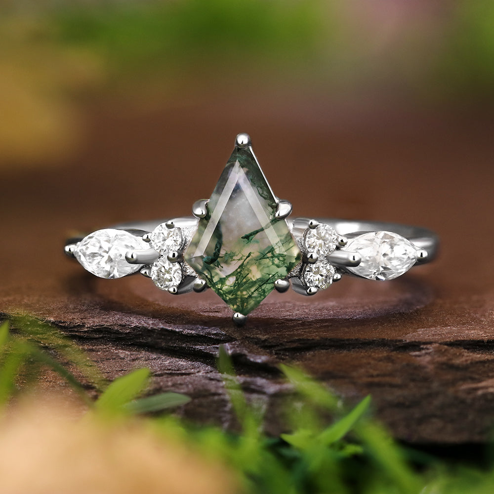 [Buy 1 Get 1 Free]6*9mm Unique Kite Cut Moss Agate Flower Engagement Ring  Marquise Cut  Vintage Wedding Ring Bridal Set