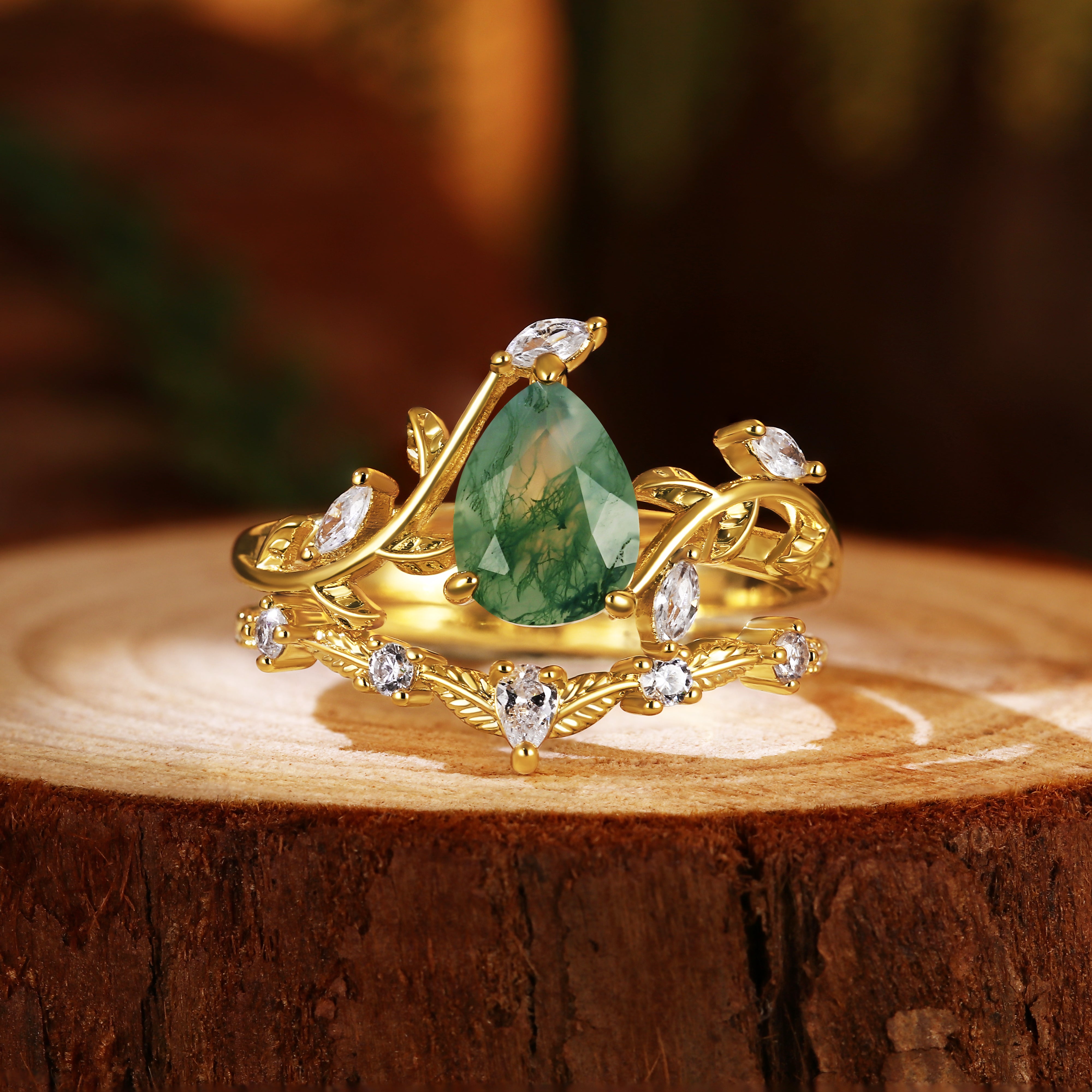 Nature Inspired Vine & Leaf 6x8mm Pear Cut Moss Agate Bridal Ring Set