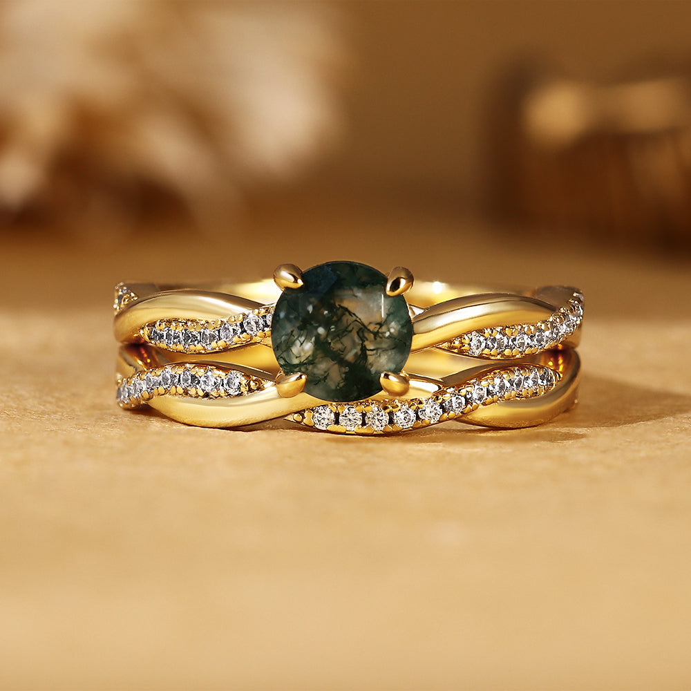 Round Cut Moss Agate 2PC Bridal Ring Set with Twisted Pave Band