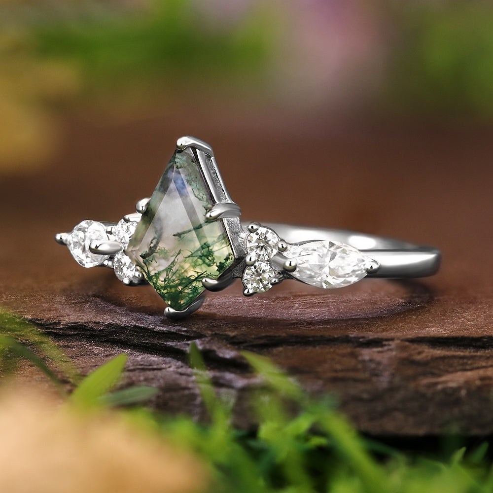 6*9mm Kite Cut Moss Agate with Marquise & Round Accent Stones Nature-Inspired Engagement Ring