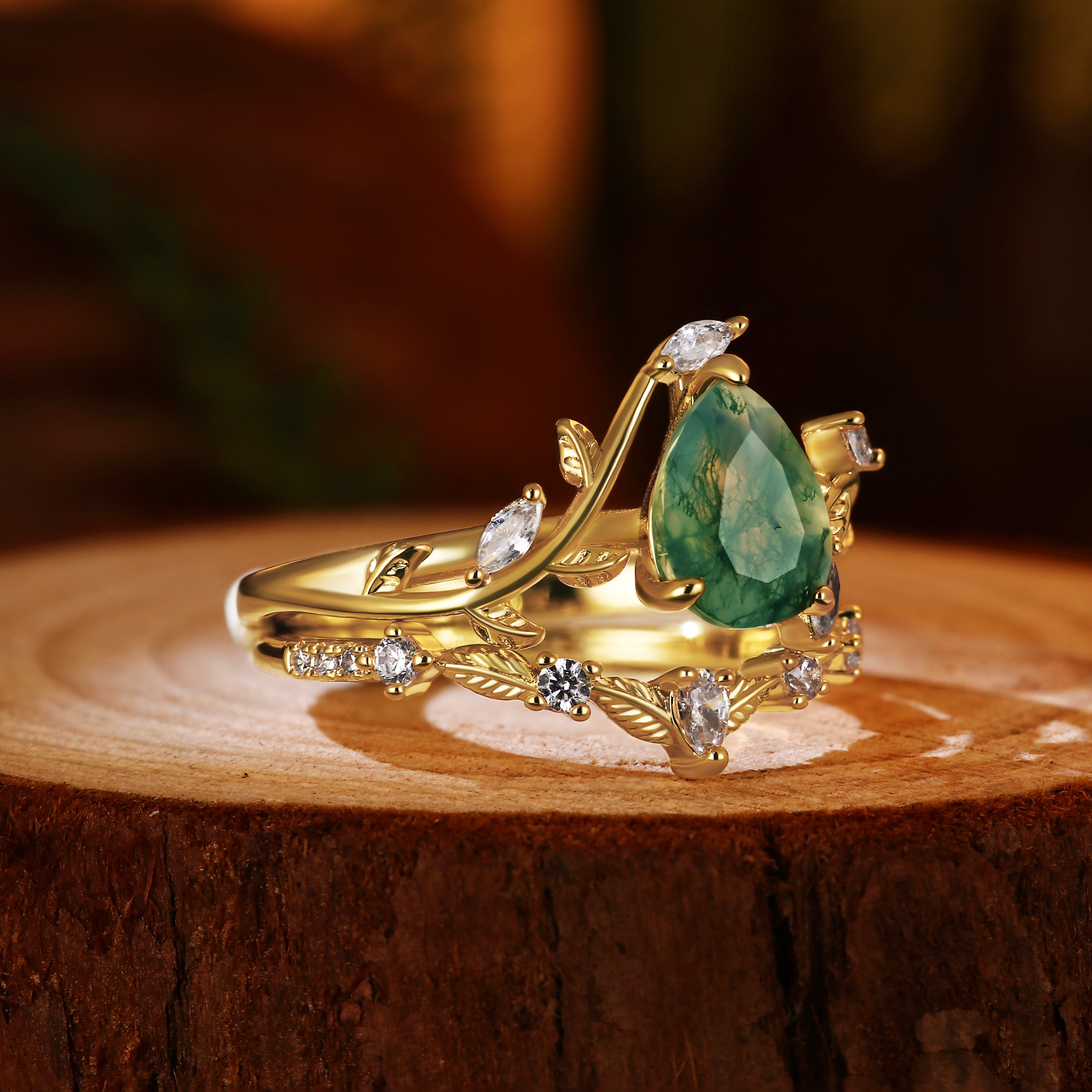 Nature Inspired Vine & Leaf 6x8mm Pear Cut Moss Agate Bridal Ring Set