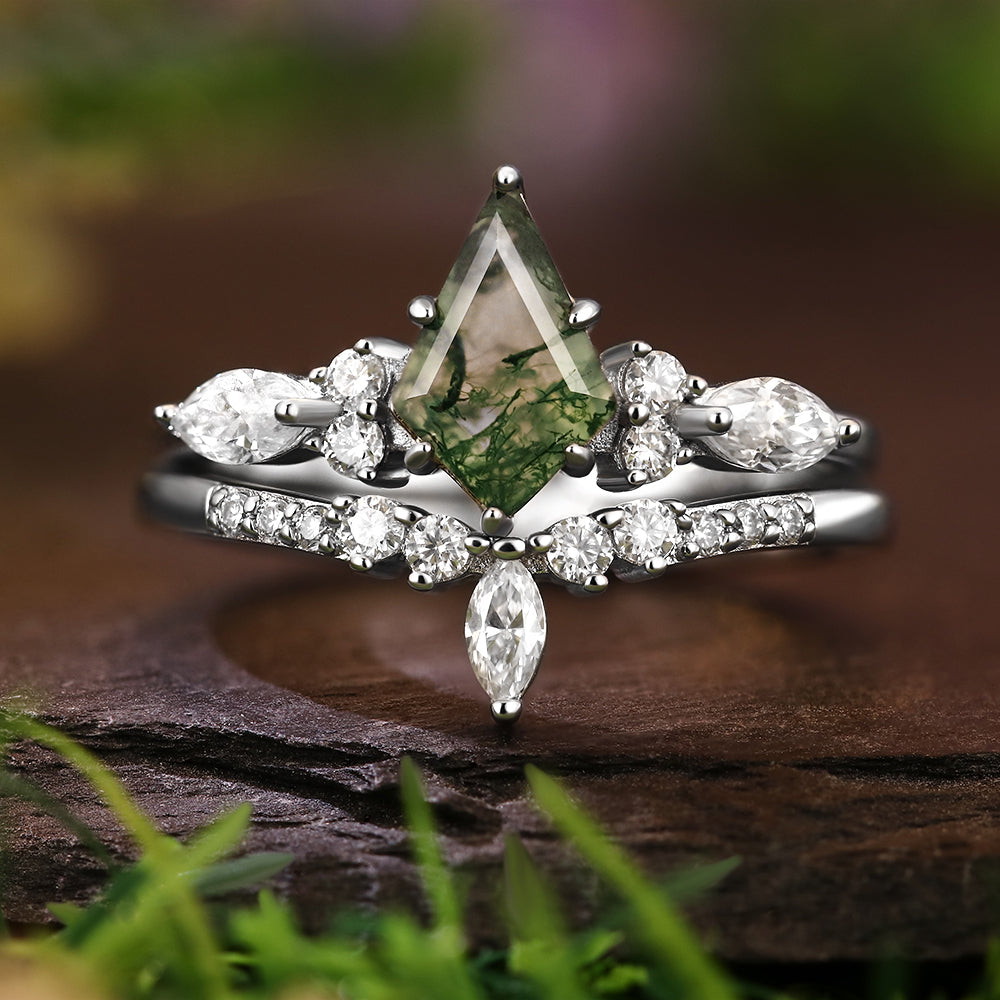 6*9mm Unique Kite Cut Moss Agate Flower Engagement Ring  Marquise Cut  Vintage Wedding Ring Bridal Set