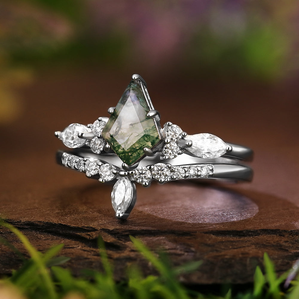 6*9mm Unique Kite Cut Moss Agate Flower Engagement Ring  Marquise Cut  Vintage Wedding Ring Bridal Set