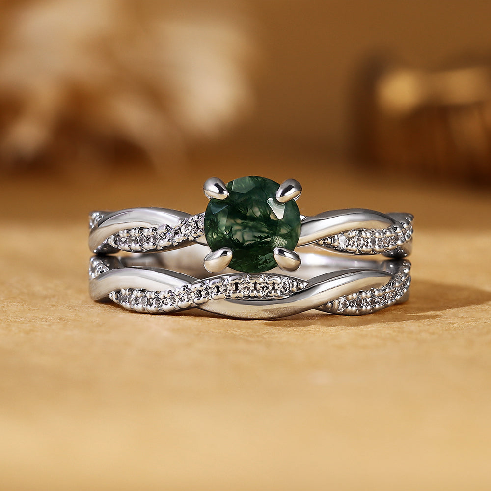 Round Cut Moss Agate 2PC Bridal Ring Set with Twisted Pave Band