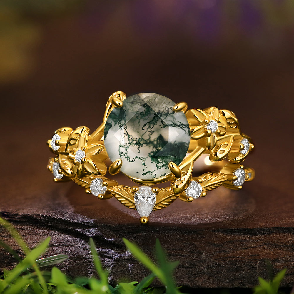 8mm Round Cut Moss Agate Flower Engagement Ring Curved Wedding Band Nature Vines Bridal Set
