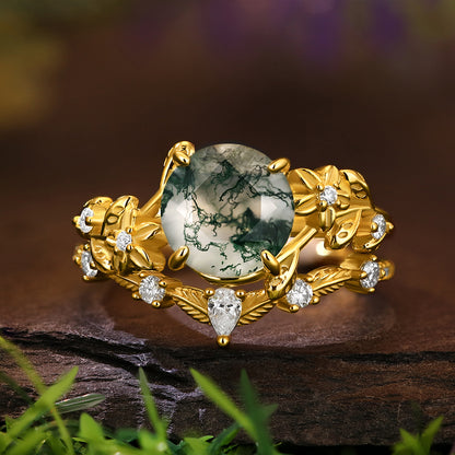 [Buy 1 Get 1 Free]8mm Round Cut Moss Agate Flower Engagement Ring Curved Wedding Band Nature Vines Bridal Set