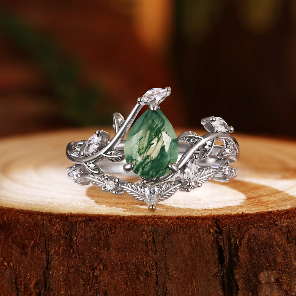 Nature Inspired Vine & Leaf 6x8mm Pear Cut Moss Agate Bridal Ring Set