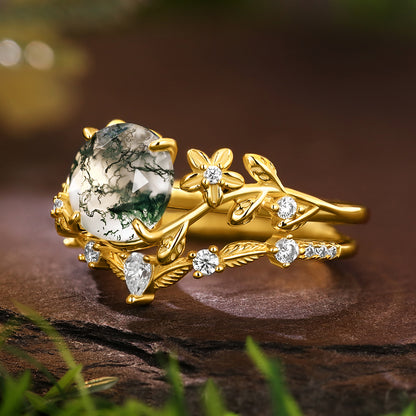 8mm Round Cut Moss Agate Flower Engagement Ring Curved Wedding Band Nature Vines Bridal Set