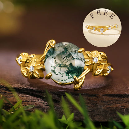 [Buy 1 Get 1 Free]8mm Round Cut Moss Agate Flower Engagement Ring Curved Wedding Band Nature Vines Bridal Set