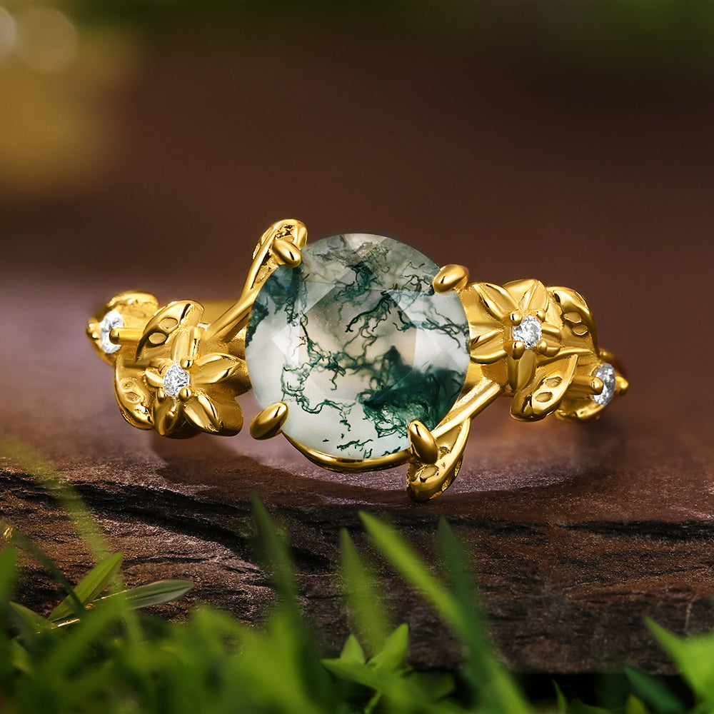 8mm Round Cut Moss Agate Flower Nature Vines Engagement Ring