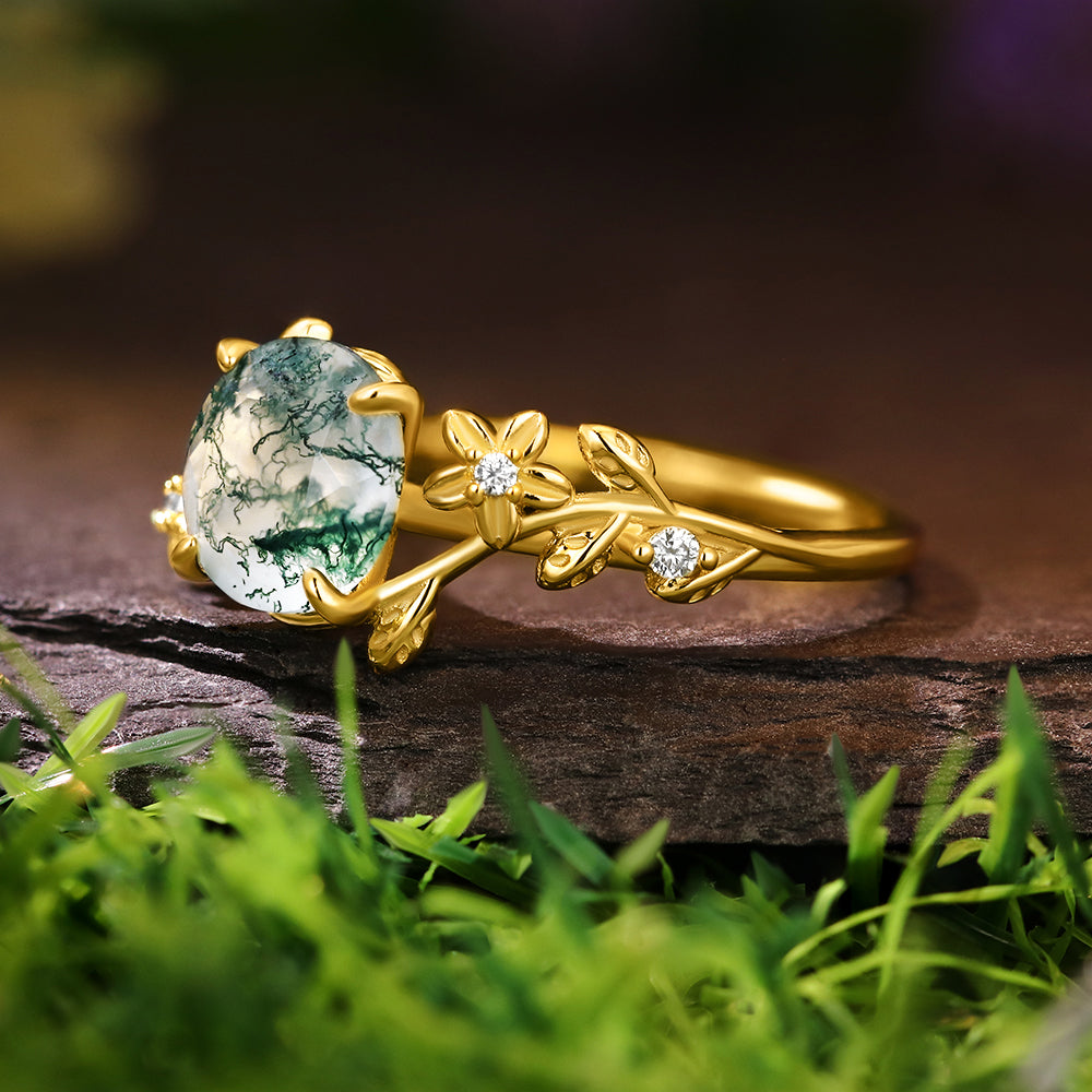 8mm Round Cut Moss Agate Flower Nature Vines Engagement Ring