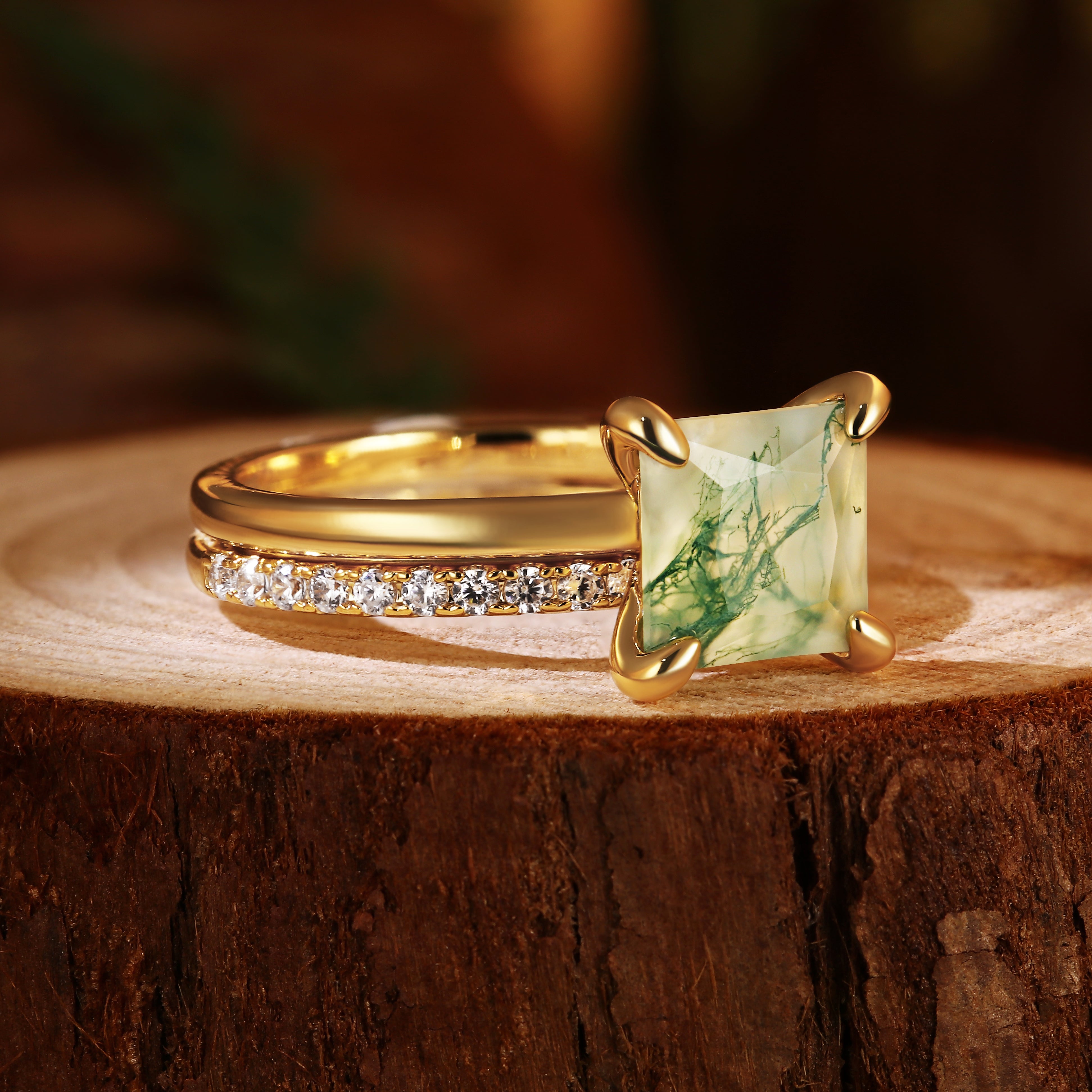 8X8mm Princess Cut Moss Agate Bridal Ring Set for Women, 2PCS Square Green Agate Engagement Ring with Moissanite Band, Nature Inspired Wedding Jewelry