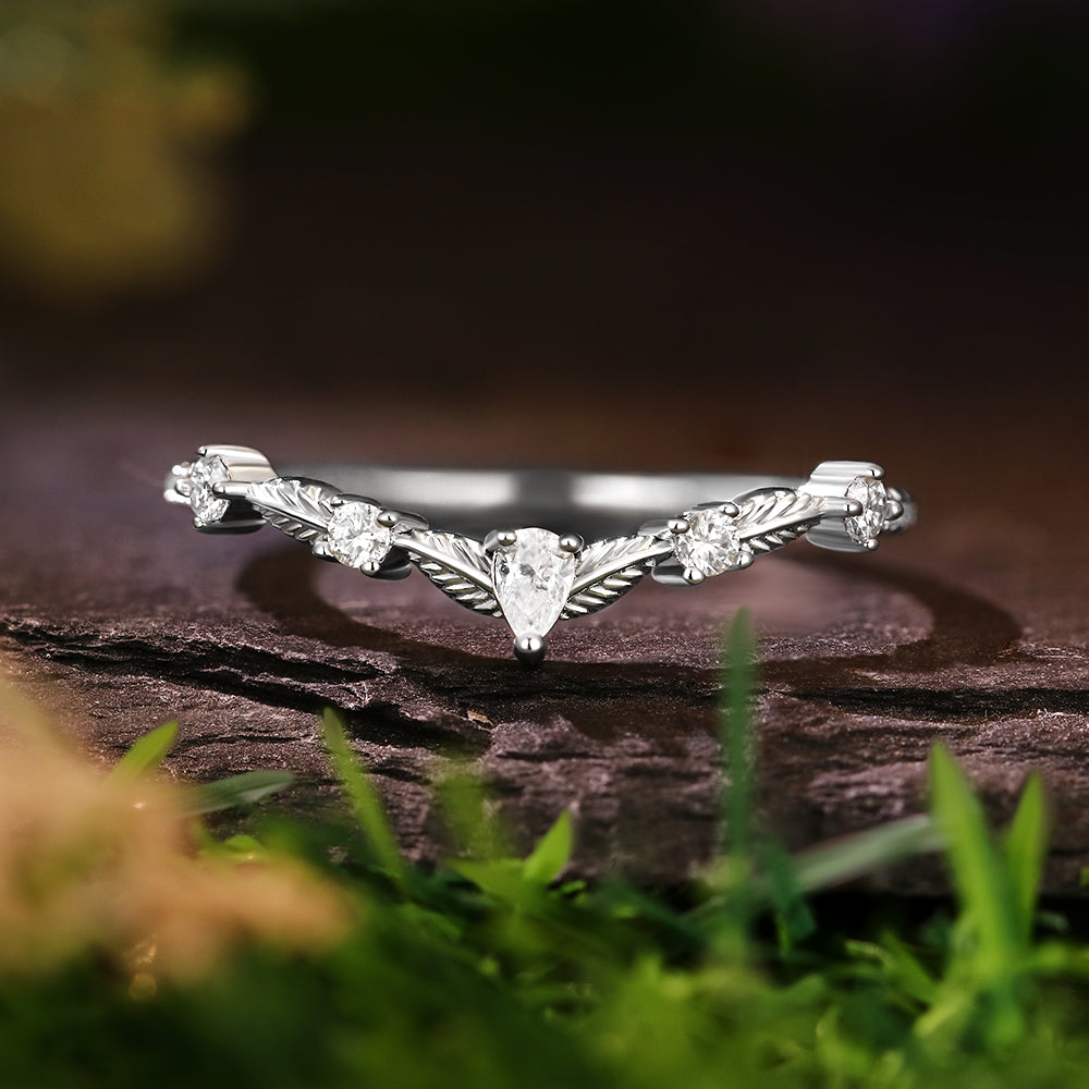 [Buy 1 Get 1 Free]8mm Round Cut Moss Agate Flower Engagement Ring Curved Wedding Band Nature Vines Bridal Set