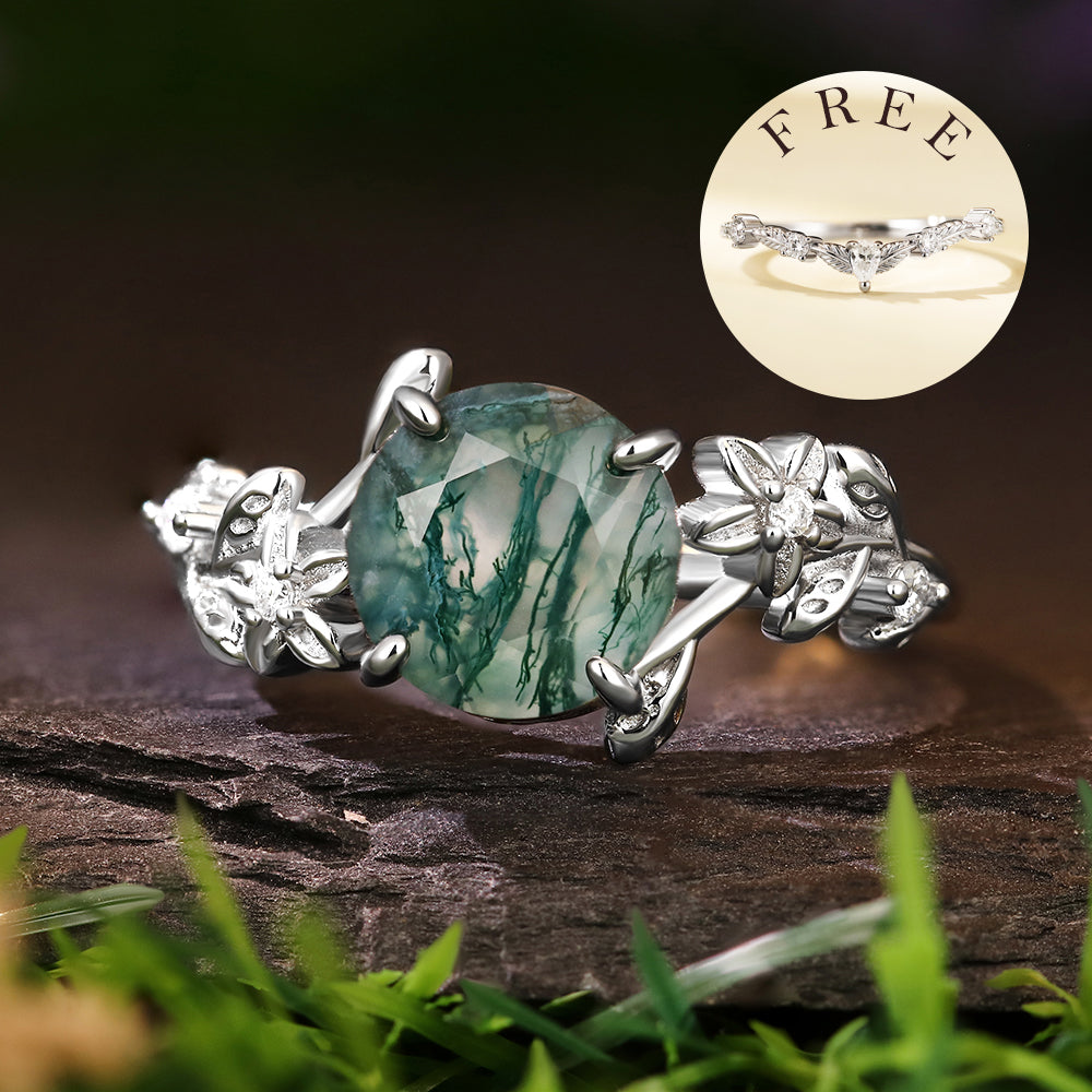 [Buy 1 Get 1 Free]8mm Round Cut Moss Agate Flower Engagement Ring Curved Wedding Band Nature Vines Bridal Set