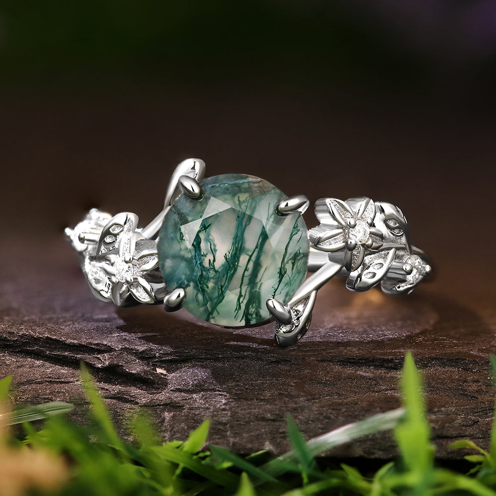 [Buy 1 Get 1 Free]8mm Round Cut Moss Agate Flower Engagement Ring Curved Wedding Band Nature Vines Bridal Set