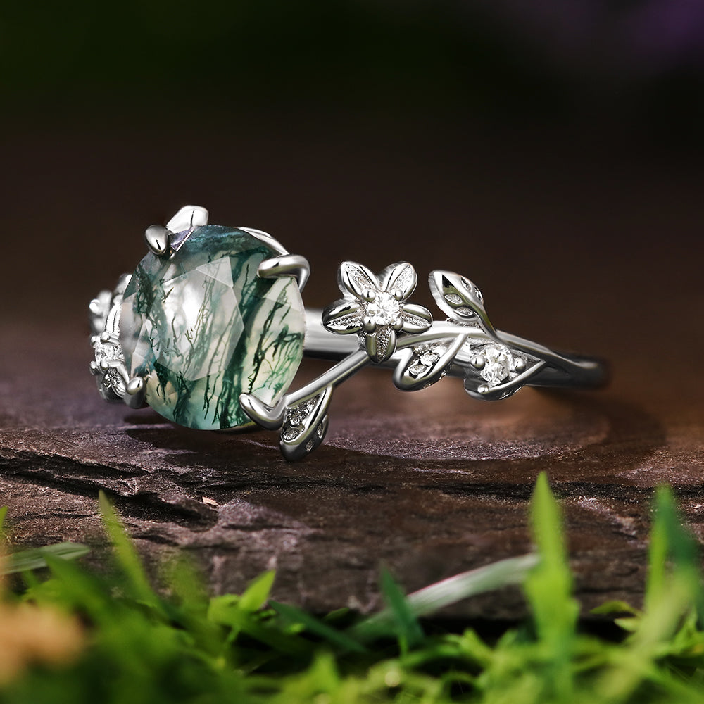 8mm Round Cut Moss Agate Flower Nature Vines Engagement Ring