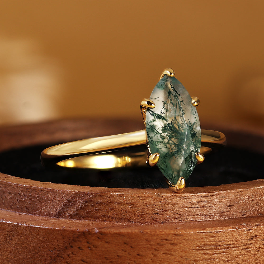 Marquise Cut Moss Agate Unique Nature-Inspired Solitaire Engagement Ring
