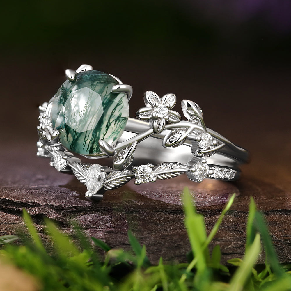 8mm Round Cut Moss Agate Flower Engagement Ring Curved Wedding Band Nature Vines Bridal Set