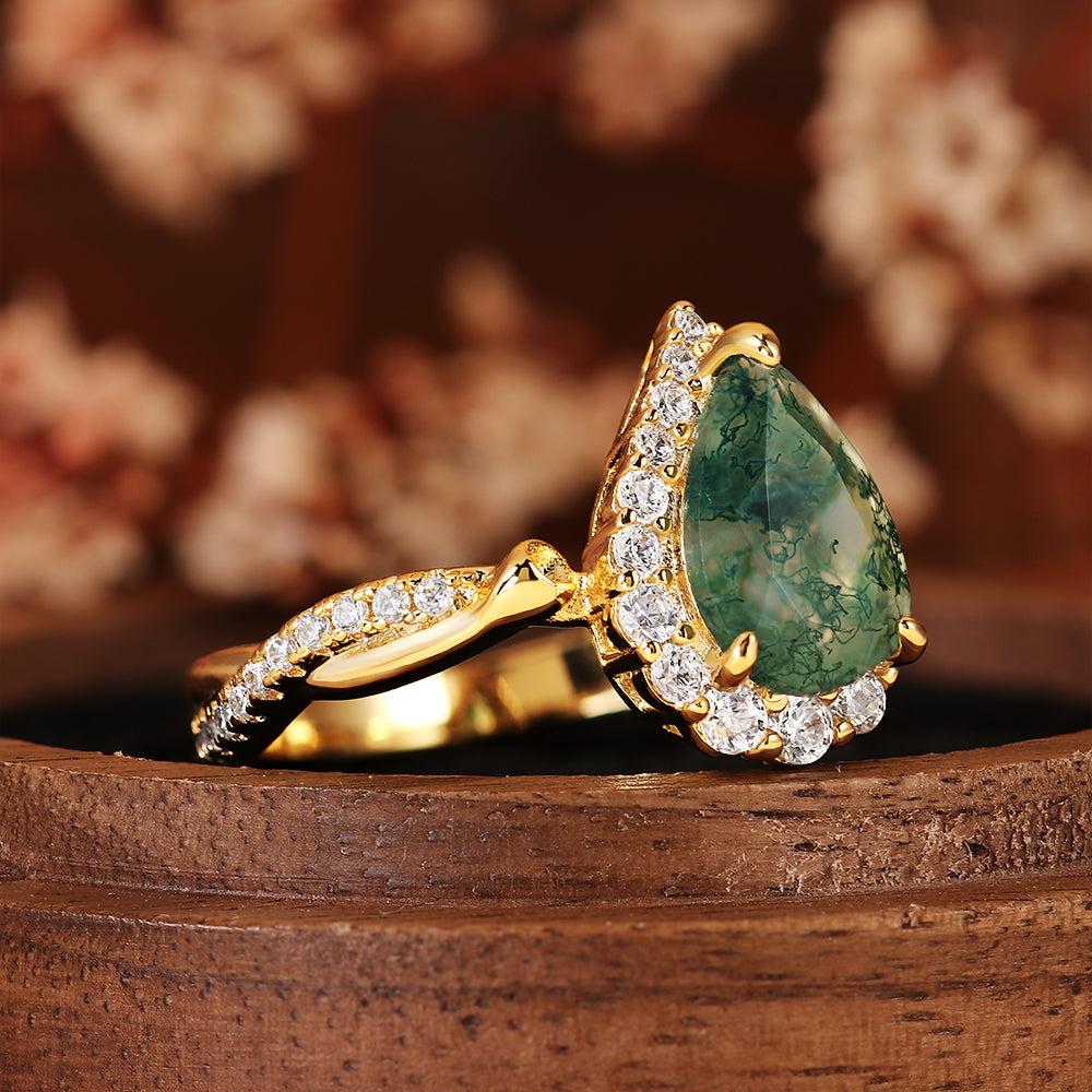 Vintage Natural Pear Cut Moss Agate Unique Halo Twisted Engagement Ring